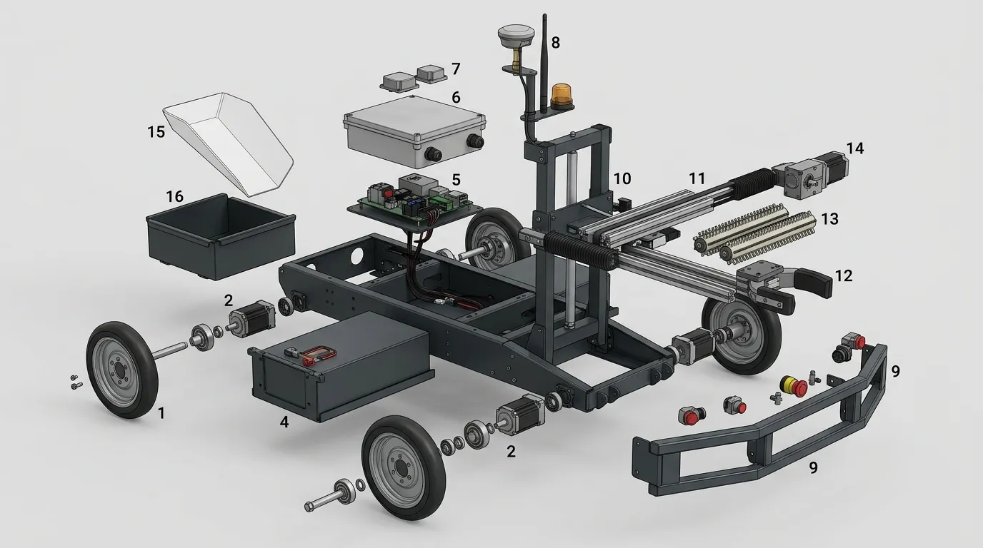 Exploded view of the robot chassis, arm, electronics and cassette